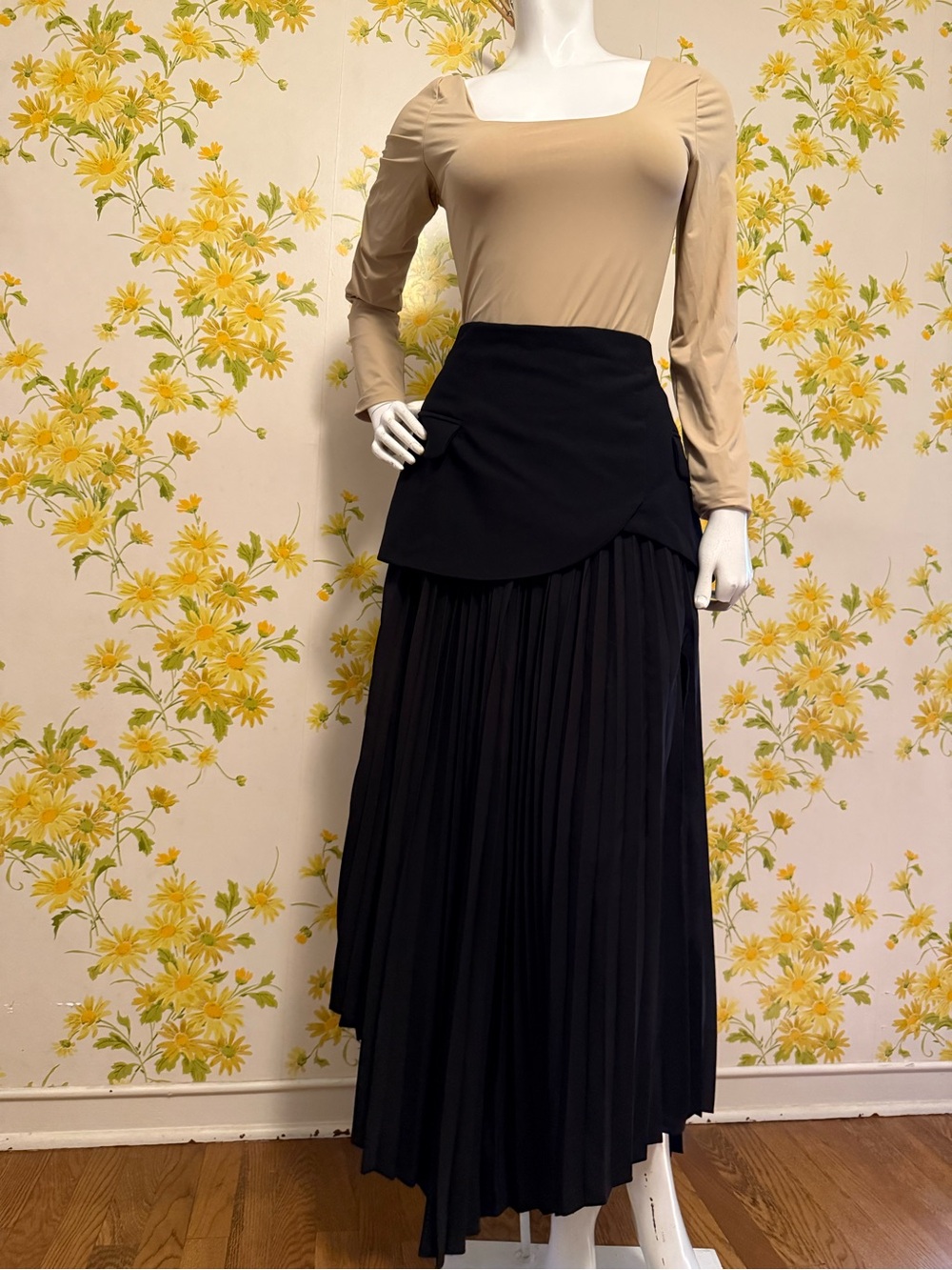Black Pleated Maxi Skirt with tailored Layered Waist Panel
